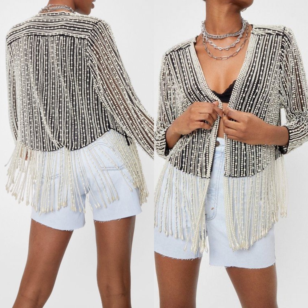 ☆Nasty Gal Peal White Embellished Beaded Fringe Jacket☆